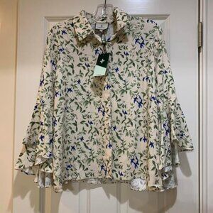 Tuckernuck Ivory Fuschia Floral Print Bell Sleeve Button Up Shirt Sz L NWT